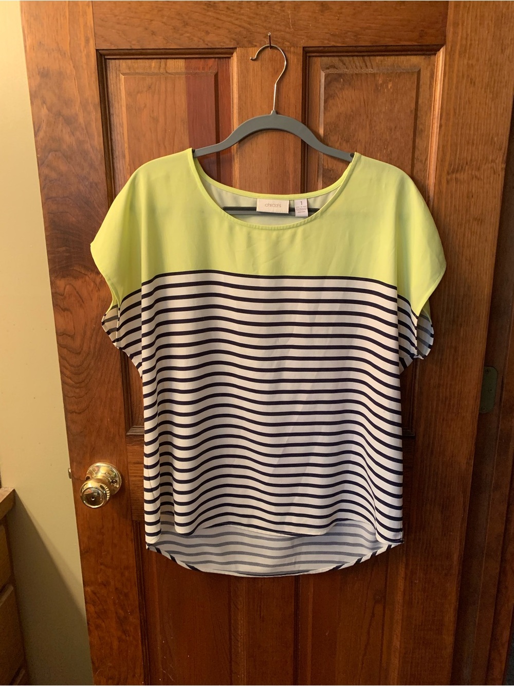 Chico short sleeve pull over top, NEON YELLOW with NAVY and WHITE stripe.